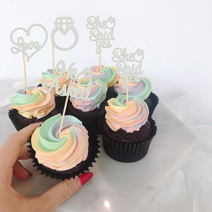 Gyufise 24 Pack Silver Glitter He Asked She Said Yes Cupcake Toppers Diamond Ring Heart Cake Picks for Wedding Engagement Party Cake Decorations