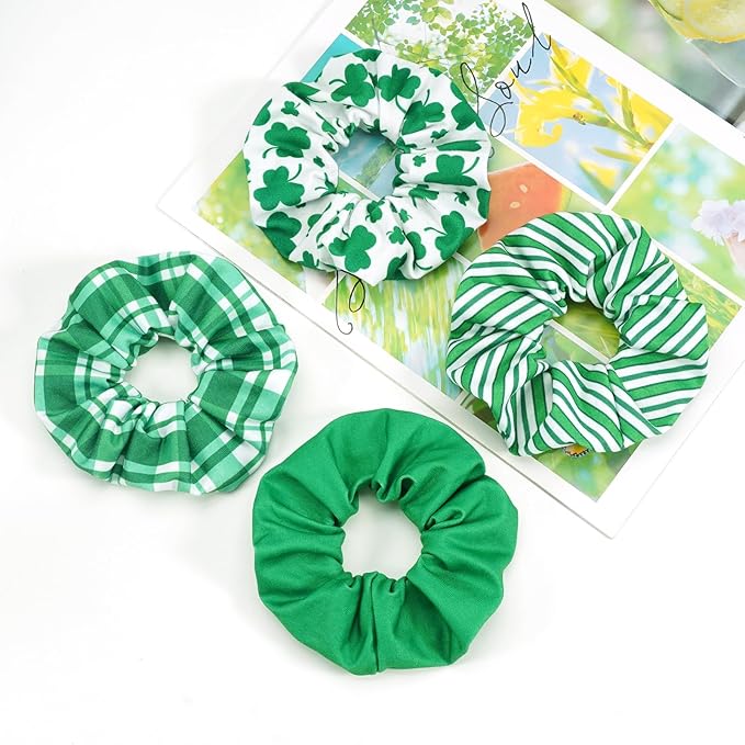 St.Patrick's Day Hair Ties for Woman Girls Green Striped Plaid Shamrock Hair Scrunchies Elastic Irish Lucky Leaf Hair Tie St.Patricks Party Supplies Hair Accessories