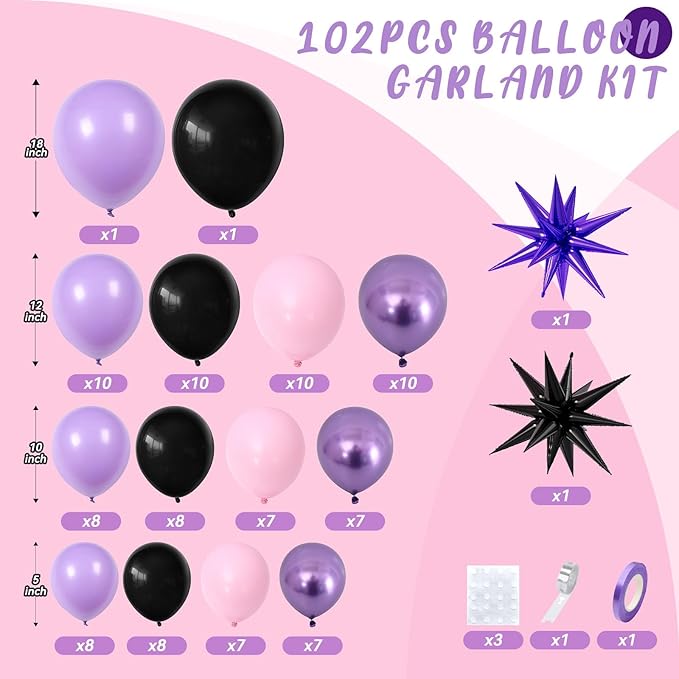 Pink and Purple Balloon Arch Garland Kit, Black Macaron Metallic Purple Pink Birthday Balloons, Star Foil Balloons for Princess Girl Theme Birthday Decorations Baby Shower Party Backdrop