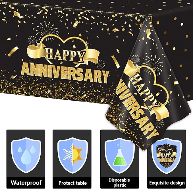 Tevxj 3 Pack Happy Anniversary Tablecloth Disposable Anniversary Party Decorations Black Gold Dot Confetti Table Covers Party Supplies for Rectangle Tables Favors for Guests 54 x 108 Inch