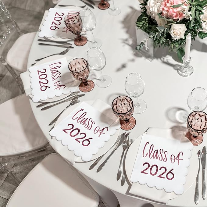 100 Pcs Class of 2026 Graduation Cocktail Napkins 5 x 5 Inch Congrats Grad Scalloped Paper Napkins for Dinner Beverage Graduate Decorations(Dark Red)