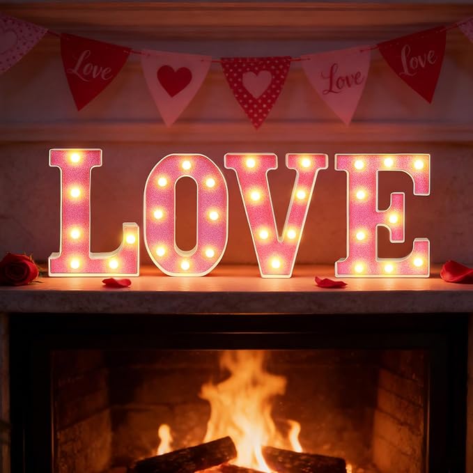 3 Pcs LED Marquee Light Up Letters Black Boo Sign Halloween Decorations Indoor Boo Halloween Lights for Home Kitchen Tabletop Fireplace Party Decoration (Pink Love)