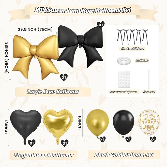 Paready Black and Gold Heart Balloons, 38 Inch Bow Balloons, Metallic Gold Confetti Balloon and Bow Heart Shaped Foil Balloon for Prom Birthday Wedding Bridal Baby Shower Valentines Day Decorations