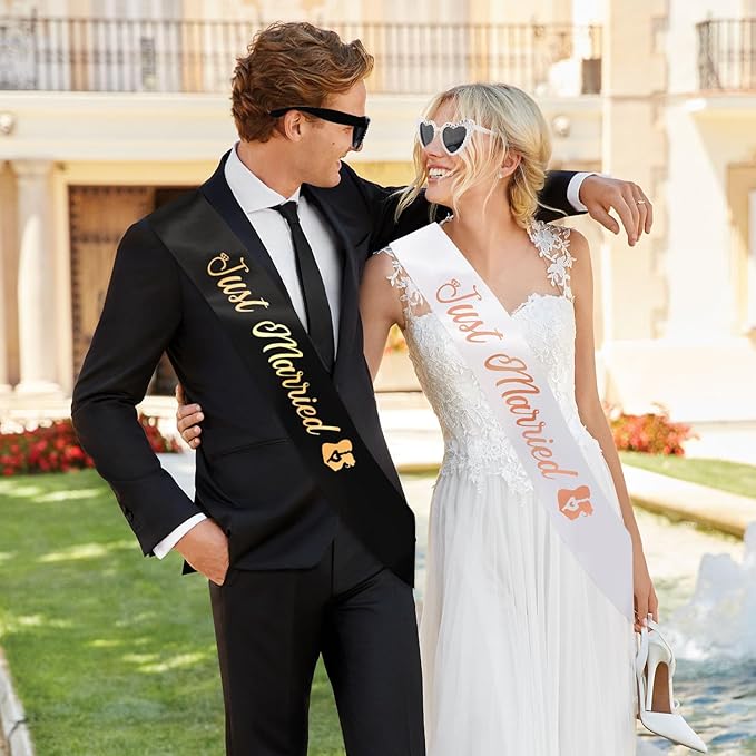 Just Married Bride and Groom Sunglasses and Sash for Just Married Wedding Party Decorations