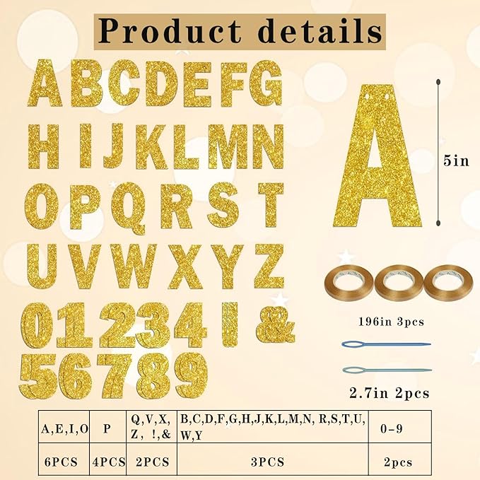 116 Pcs DIY Glitter Custom Banner Kit - Customize with 111 Letters and Numbers, 3 Rope, 2 Threading Devices for Graduation, Birthday Decor (Golden)