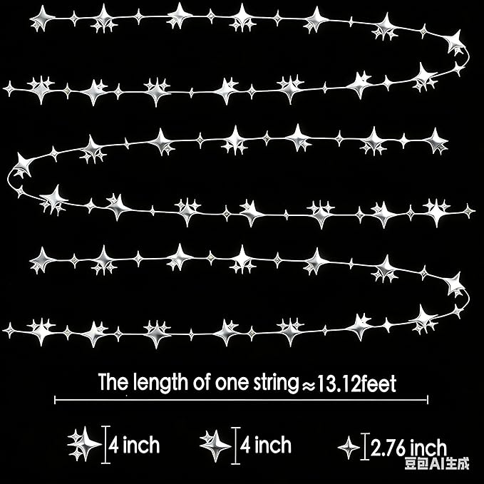 Glitter Silver Four-Angle Star Paper Garland Banner Décor 40 Feet Twinkle Silver Star Hanging Bunting Banner Backdrop for Wedding Baby Shower Birthday Graduation Disco Party Decorations