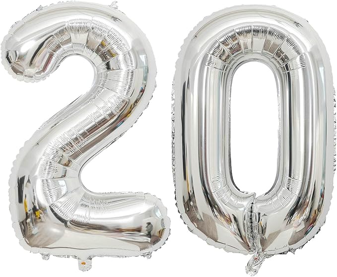 Large Silver 20 Number Balloons, 40 Inch Jumbo Number 20 Balloon, Silver Foil Mylar Balloons for Girl Sweet 20th Birthday Party, Anniversary Decorations