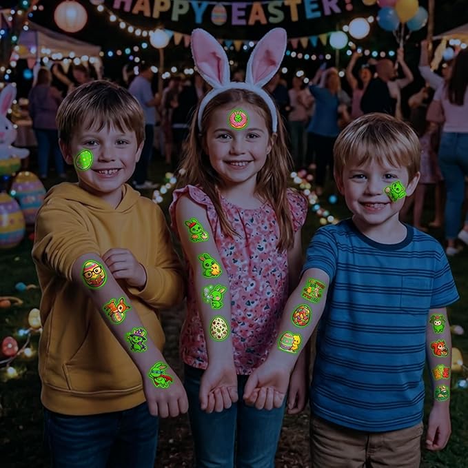 JCFIRE 95 PCS Luminous Easter Basket Stuffers, Glow in Dark Temporary Tattoos for Kids, Easter Egg Fillers, Stickers for Toddler Teens Boys Girls, Spring Party Favors Decorations