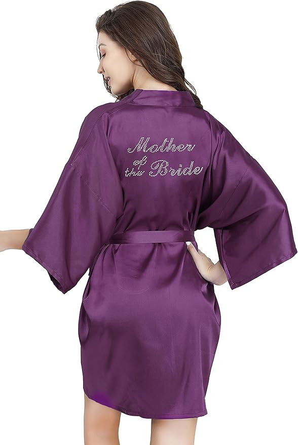 EPLAZA Women's One Size Silver Rhinestones Bride Bridesmaid Short Satin Robes for Wedding Party Getting Ready