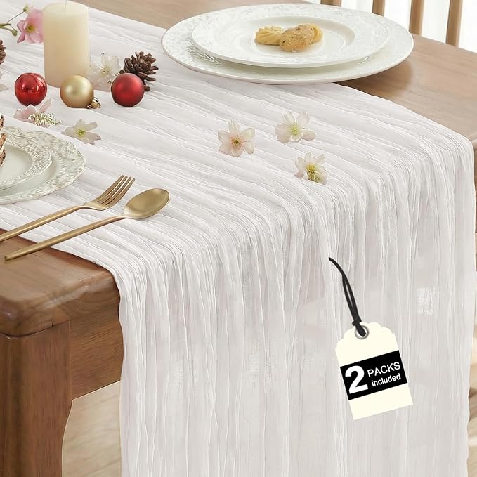 IVAPUPU 2 Pcs Cheesecloth Table Runner - 10ft Ivory White Easter Spring Boho Gauze Cheese Cloth Table Runners for Baby Shower Decoration Wedding Party Garden Farmhouse Decor