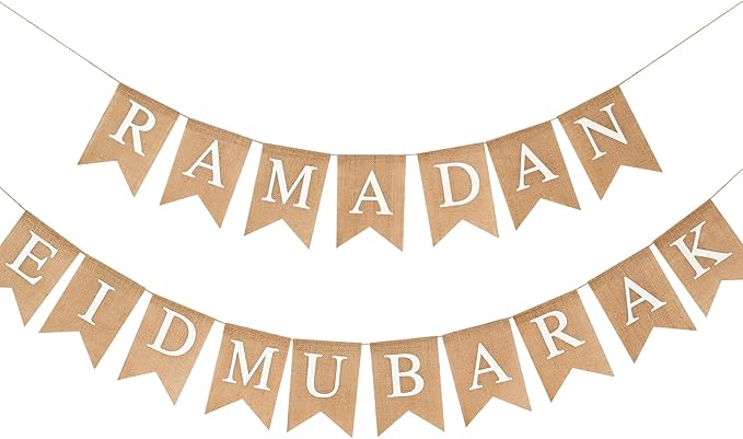 Ramadan Eid Mubarak Burlap Banner Muslim Fireplace Mantel Decoration Pre-Strung Ramadan Bunting for Wall Porch Party Indoor Outdoor Decor