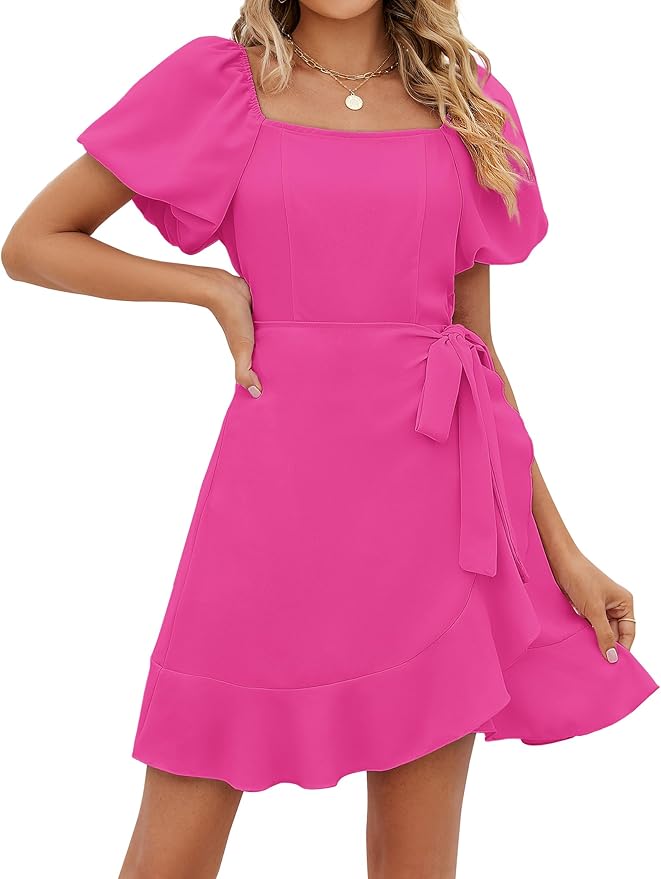 Sampeel Womens Summer Dresses Square Neck Puff Sleeve Tie Waist Short Dress