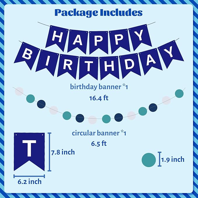 ZHENGYE Blue Birthday Decorations Set Happy Birthday banner Hanging Swirls Circle Dot Garland Confetti Latex Balloon Birthday Party Decoration Supplies