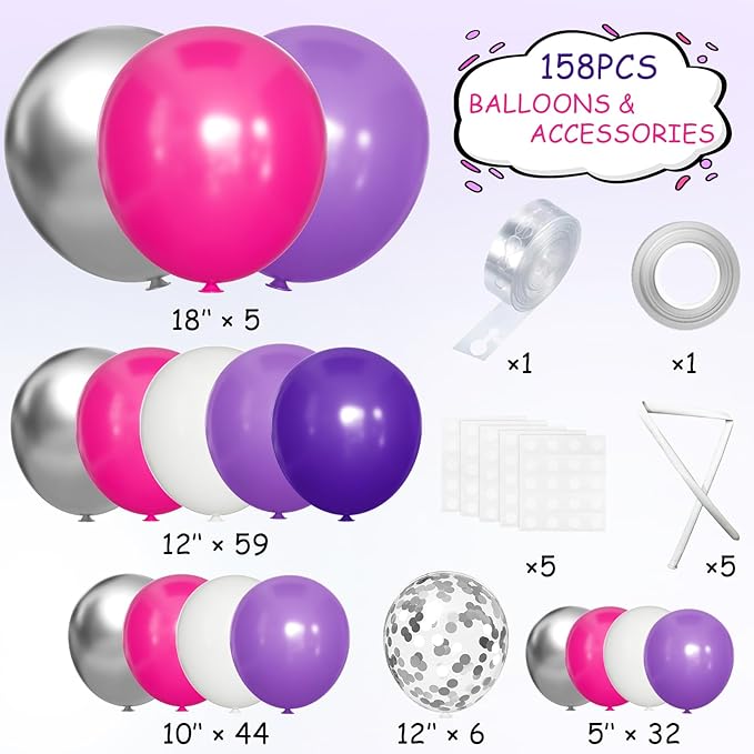 Hot Pink Purple Silver Baloon Garland Arch Kit, 146Pcs Latex Balloons Different Sizes 18 12 10 5 inch for Women Girls Birthday Baby Shower Wedding Party Decorations