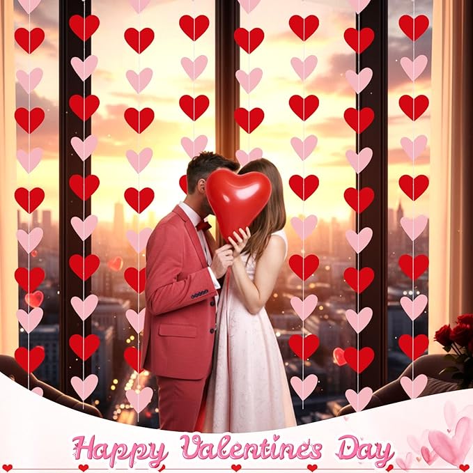 Capoda 8 Pcs Valentine's Day Party Decorations Red Pink Solid Heart Garlands Romantic Hearts Hanging Banners for Sweet Day Birthday Wedding Anniversary Love Themed Party Supplies