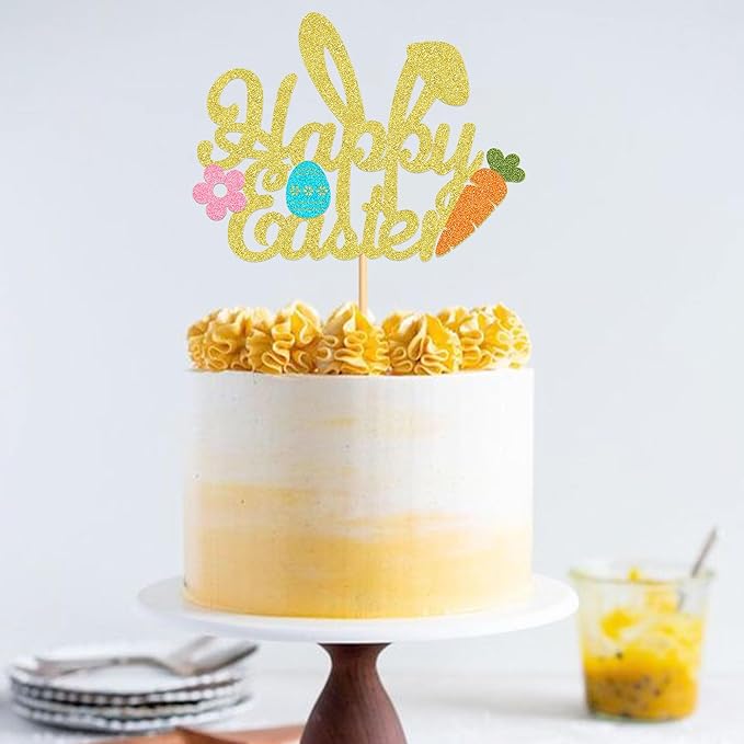 Ercadio 1 Pack Glitter Golden Happy Easter Cake Topper with Bunny Ear Easter Eggs Carrot Cake Pick for Easter Day Party Cake Decorations Table Centerpieces Supplies