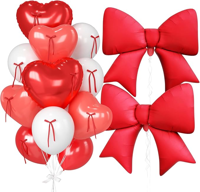 Red Heart Balloons, 38 Inch Bow Balloons, 16Pcs Red White Valentines Balloon Foil Balloon with Bow Ribbons for Birthday Wedding Bridal Baby Shower Valentines Day Decorations