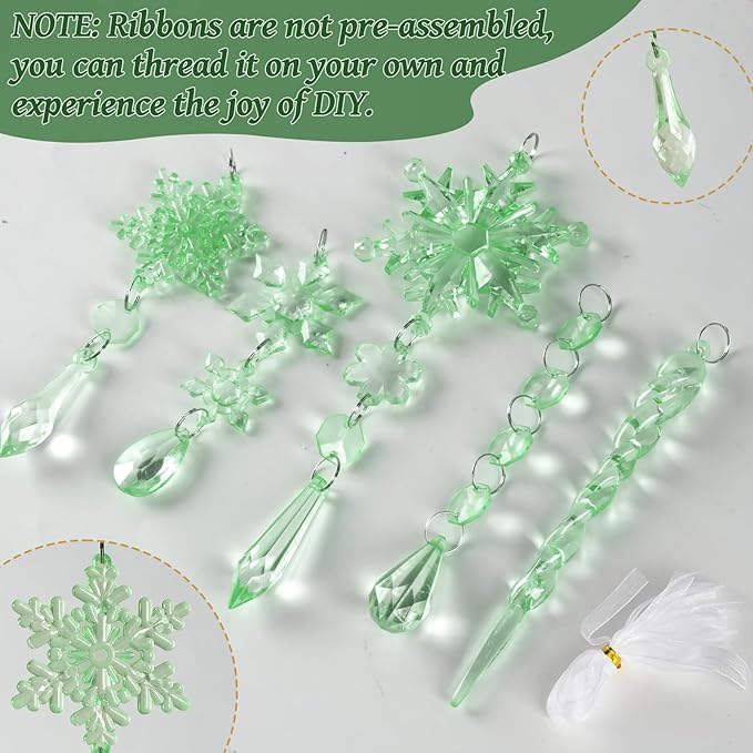 18pcs Crystal Christmas Ornaments for Christmas Tree Decorations-Green Hanging Acrylic Snowflake and Icicle Ornaments with Drop Pendants for New Year Party Decorations Supplies