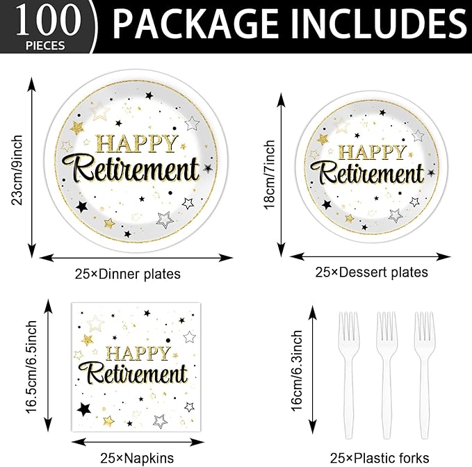 Qyeahkj 100PCS Retirement Party Supplies Happy Retirements Paper Plates Napkins Tableware Set White and Gold Disposable Dinnerware Retired Theme Decoration Favors for Women Men, Serve 25 Guests