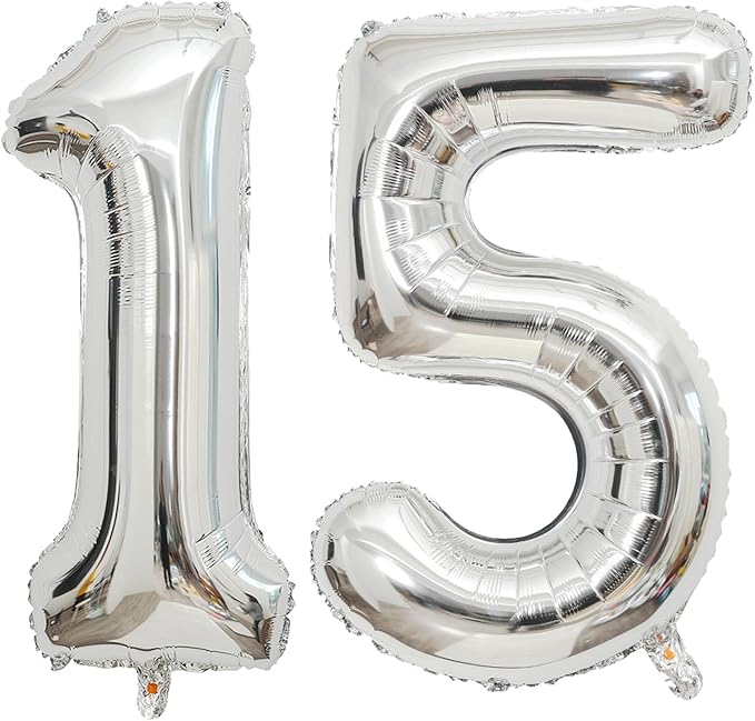 Large Silver 15 Number Balloons, 40 Inch Jumbo Number 15 Balloon, Silver Foil Mylar Balloons for Girl Sweet 15th/51th Birthday Party, Anniversary Decorations