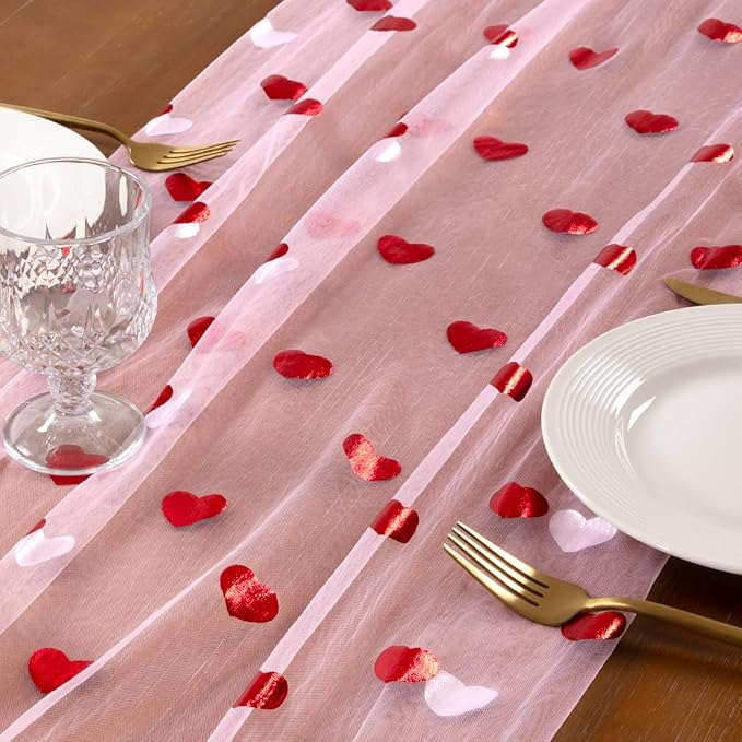 Socomi Valentine's Day Red Heart Table Runner Gauze Sheer Romantic Sequin 10FT Glitter Metallic Foil Dining Wedding Birthday Party Baby Shower Holiday Centerpiece Table Decor 3pcs Pink