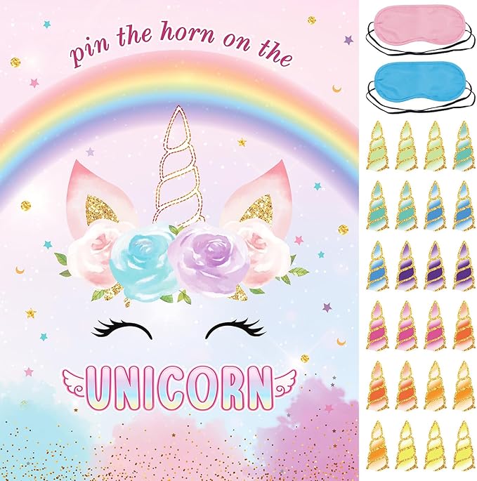 Pin The Horn on The Unicorns Party Game with 24 PCS Horn and Eye Mask for Kids Girls Birthday 21'' x 28'' (Unicorns)