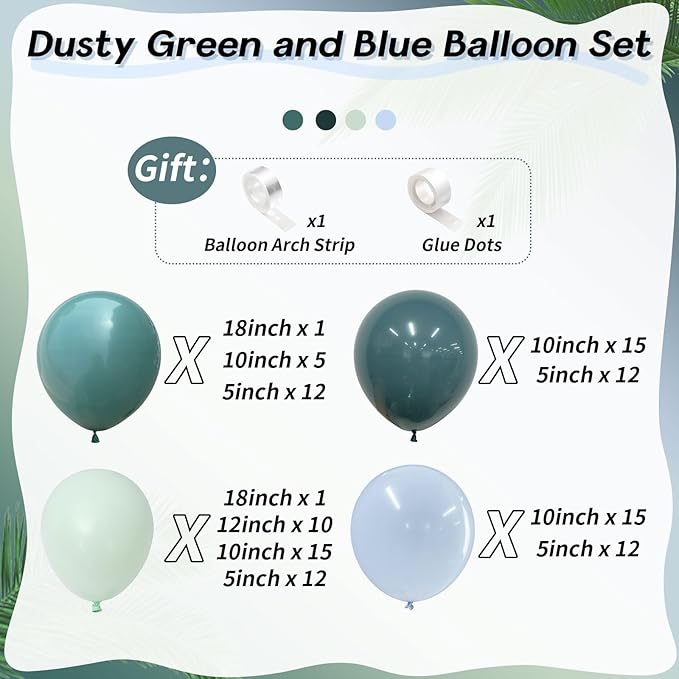 Dusty Slate Blue and Green Garland Balloon Arch Kit, 118pcs Baby Blue Green Party Balloons Balloons for Boys Baby Shower Jungle Woodland Ocean Beach Under The Sea One 1st Birthday Party Decorations