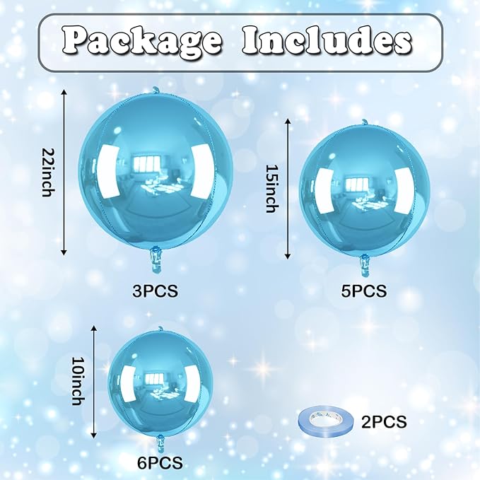 14 Pcs Blue Round Foil Balloons 22/15/10 4D Ball Balloons Light Baby Blue Metallic Balloon Ornament Mylar Balloon Chrome for Birthday Graduation Wedding Anniversary Ocean Disco Party Decor