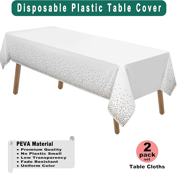 PARTY ULYJA Gold Polka Dots Confetti Plastic Tablecloths 2 Pack White Disposable Table Covers Bridal Shower 54 x 108 Inch Table Cloths for Picnic Birthday Wedding Parties 8 Foot Rectangle Table