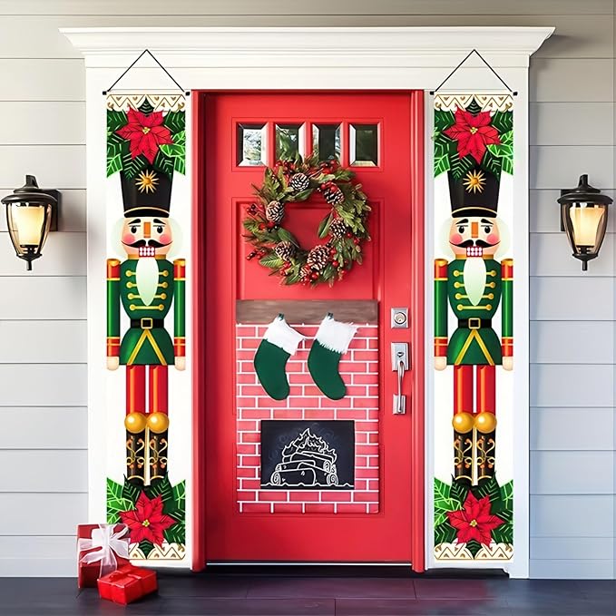 Nutcracker Christmas Porch Banner Decorations Soldier Model Nutcracker Banners Front Door Hanging Banner Entryway Xmas Winter for Wall Fireplace Party Holiday Home Kids Decor 71 x 12
