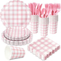 175 PCS Pink Gingham Party Supplies Includes Pink Gingham Paper Plates, Cups, Napkins, Cutlery for Baby & Bridal Shower, Wedding, Birthday Party, Outdoor Picnic, Serves 25