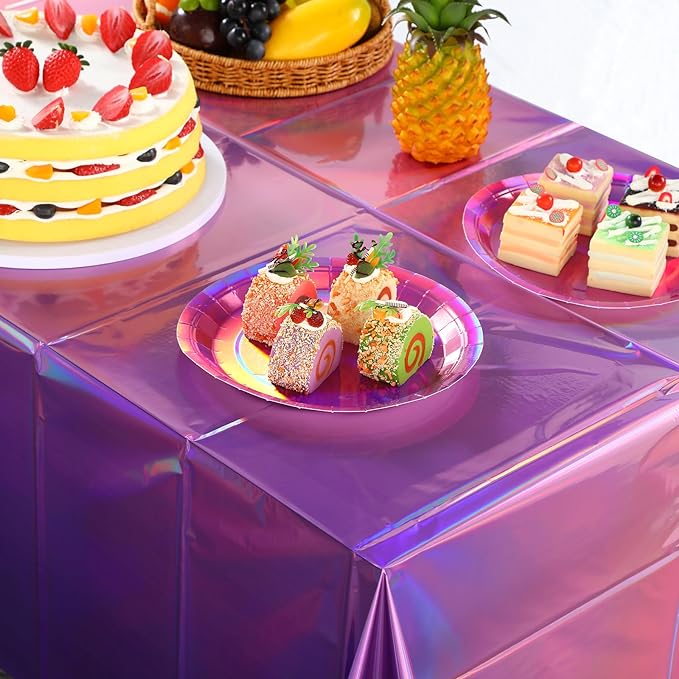3 Pack Ombre Iridescent Pink and Purple Plastic Tablecloths, Shiny Disposable Laser Rectangle Table Covers Holographic Foil Tablecloth Iridescent Party Decoration Birthday Bridal Wedding, 54x108 Inch