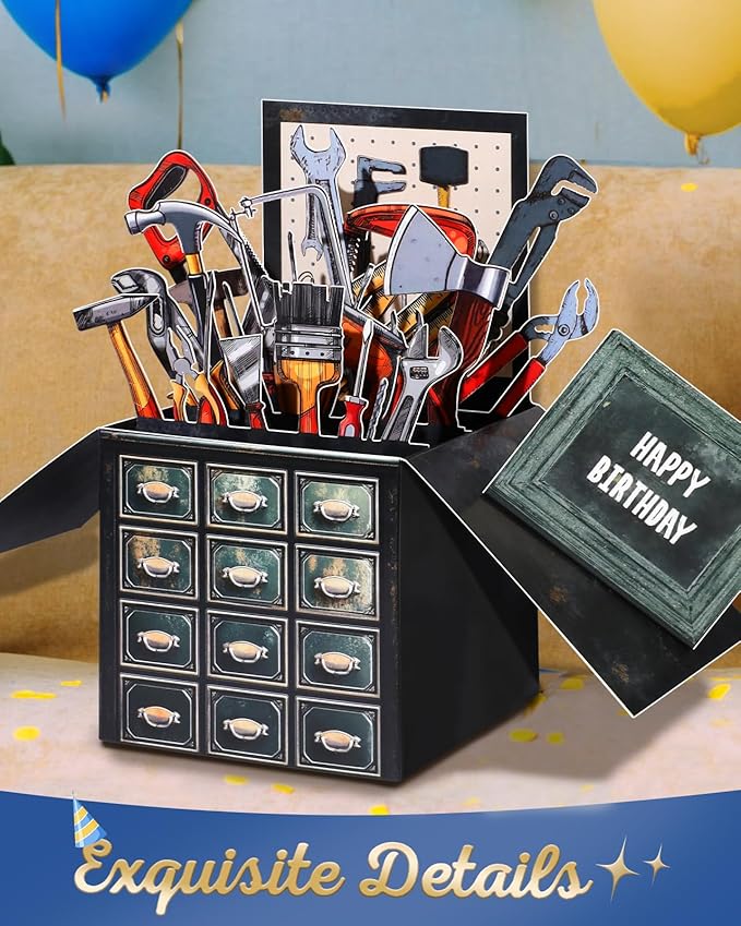Birthday Pop Up Card with Envelope - Funny Happy Birthday 3D Greeting Pop Up Card, Best Gifts for Men Dad Husband Grandpa Father Daddy Him, Unique 3D Design, Metal Toolbox