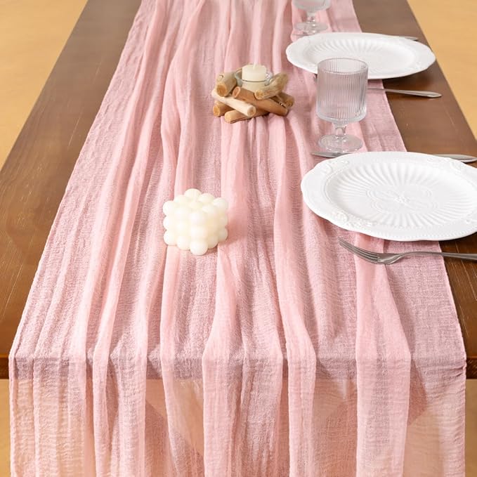 Socomi Pink Gauze Easter Spring Cheesecloth Table Runner Blush 120 Inch Rustic Boho Cheese Cloth Runner for Wedding Party Baby Bridal Shower Centerpiece Decoration Holiday Home Decorations