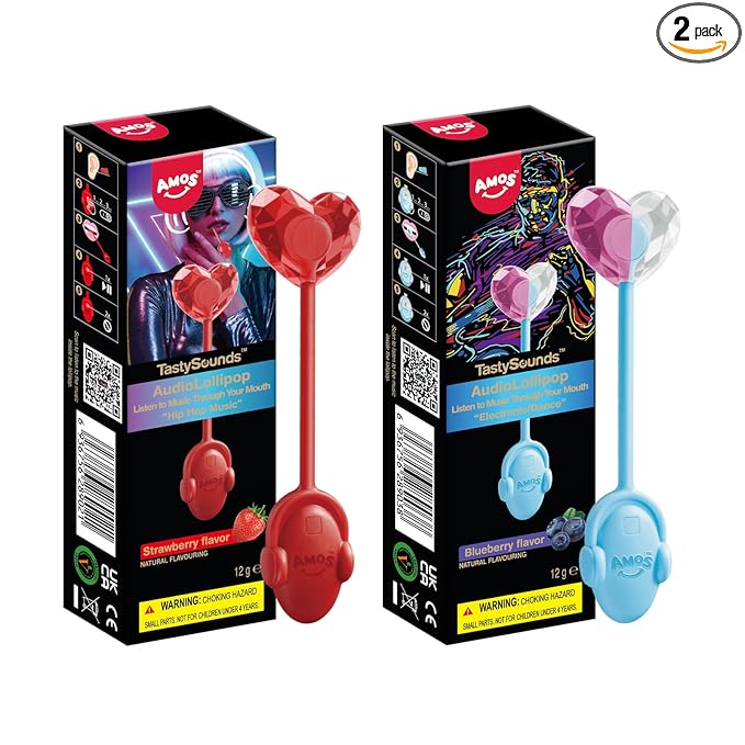 AMOS TastySounds Audio Lollipop 2-Pack Combo - Strawberry & Blueberry Flavors, Bone Conduction Music Candy with Earbud Design