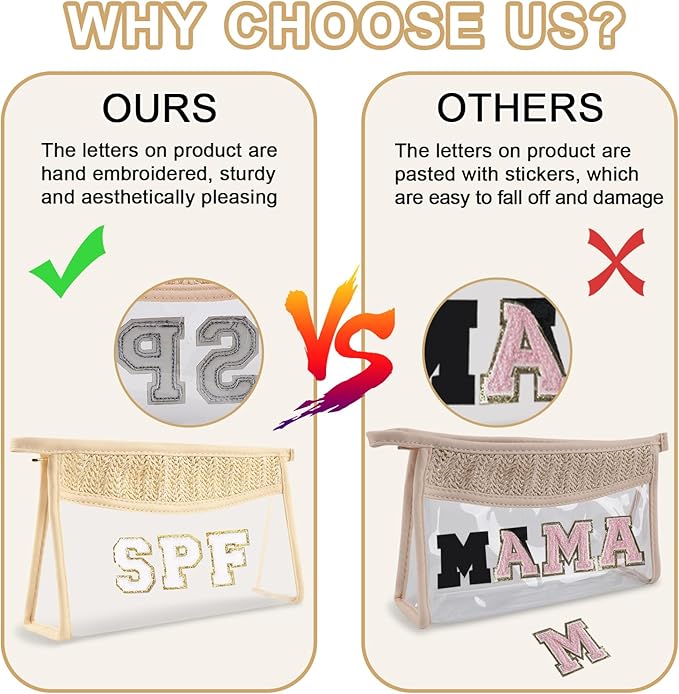 Iqimott 2Pcs Boho Patch SPF Bag Clear Makeup Letter Bag, Waterproof Zipper Make up Bags Toiletry Pouch for Women Girls, Clear Letter Patch Cosmetic Bags Transparent Organizer Pouch for Travel(SPF)