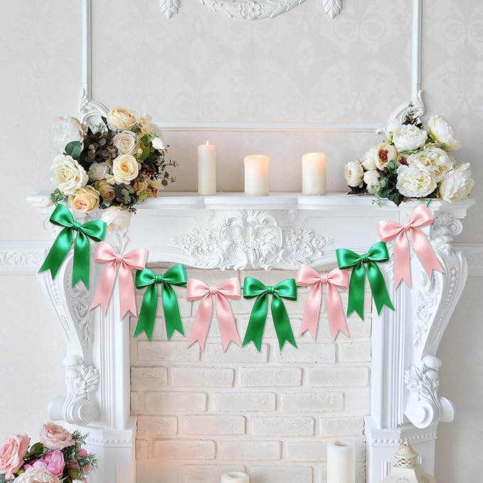 2 Strings of 16PCS Pink&Green Bow Garlands Banner Wicked Party Decoration,Pre-Strung Satin Ribbon Ornaments for Birthday,Bachelorette Party,Wedding,Engagement,Baby Shower,Graduation Decor,Anniversary