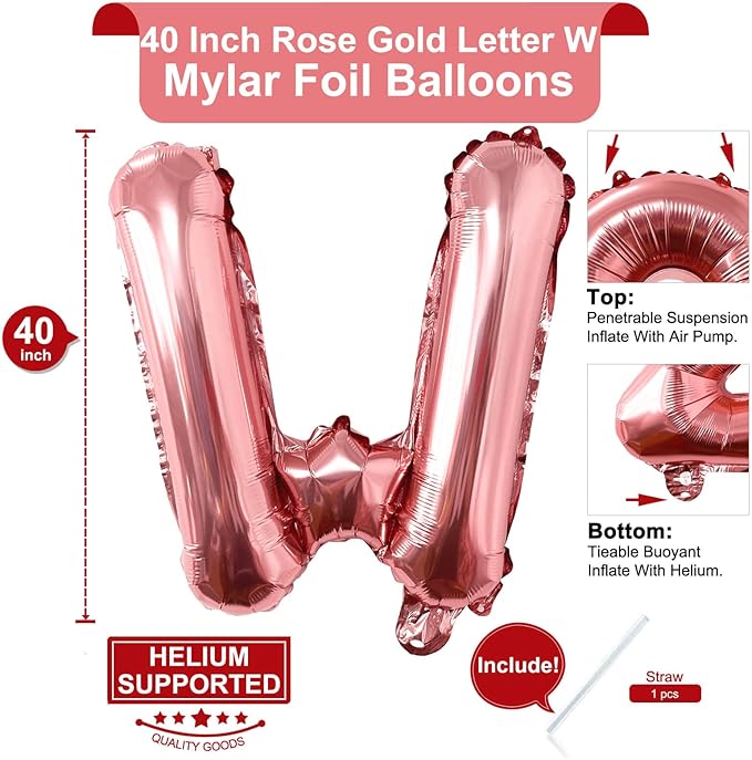 Lovoir 40 Inch Large Rose Gold Letter W Balloons Big Size Jumbo Mylar Foil Helium Balloon for Birthday Party Celebration Decorations Alphabet Rose Gold W