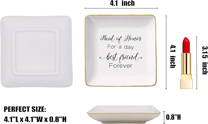 Maid of Honor for a Day Best Friend Forever -Bridesmaid Gift - Ceramic Jewelry Holder Ring Dish Trinket Tray - Bachelorette Party Gift for Maid of Honor - Wedding Gift for Her Besties Friends Women