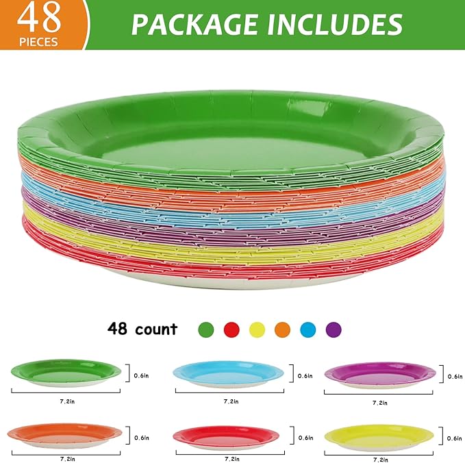 Wiooffen 48 Pcs Colorful Paper Plates - Birthday Party Supplies, Colored Disposable Party Paper Tray, Premium Dessert Cake Decorations for 48 Guests, 7in Round