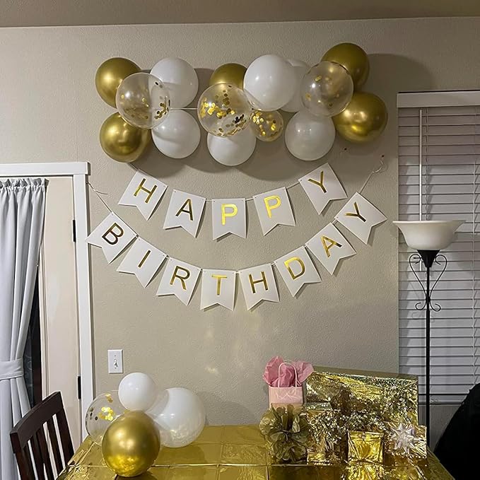 Happy Birthday Banner With Shiny Gold Letters, Swallowtail Design Hanging Signs Party Decorations (White)