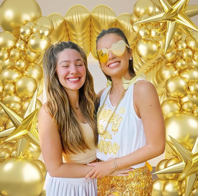 152Pcs Gold Foil Square Balloon Wall Backdrop with Metallic Gold Latex Balloons Arch Garland Kit, Double Sided Balloon Tunnel for New Year Birthday Anniversary Graduation Party Decorations