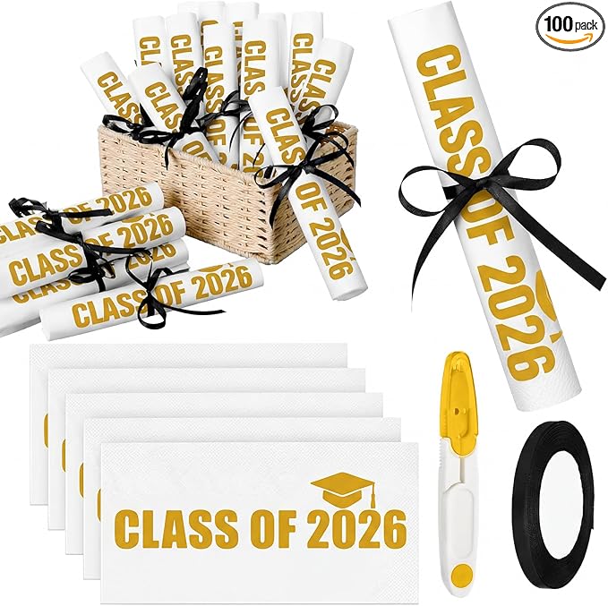 100 Set Graduation Class of 2026 Guest Gold Napkins Black Rolled Silverware Disposable Grad Award Dinner Napkin with Ribbon and Scissors for Celebration