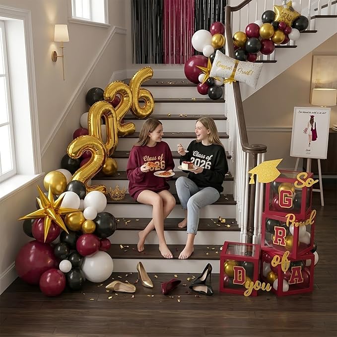 Graduation Decorations Class of 2026 - Maroon and Gold Graduation Decorations Set of 4 GRAD Balloon Boxes with Fringe Curtains So Proud of You Congrats Grad Party for Any Grades