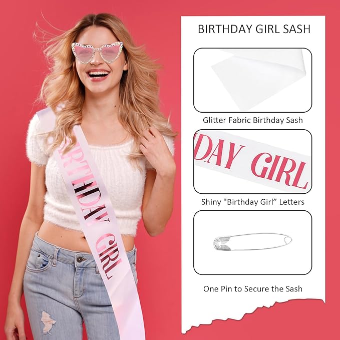 Birthday Girl Sash & Glasses Set, Birthday Sash for Women Girls, White & Pink Happy Birthday Decorations Outfits Accessories Party Favors Set for Women Girls