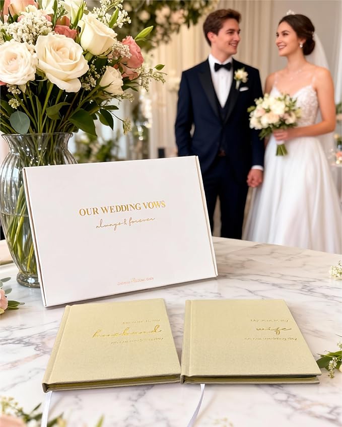 Wedding Vow Books His and Hers-Canvas Linen Foil Embossed, Set of 2 Vow Books Husband and Wife-Wedding Essentials（Beige + Beige）
