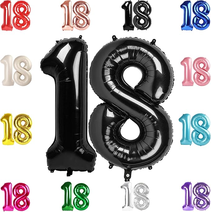 18 Balloon Number, Black Number 18th Birthday Balloons 40 Inch, 18 Years Old Black Birthday Decorations for Boys Girls, 18th Anniversary Decorations