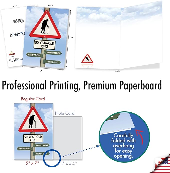 NobleWorks 50th Blank Birthday Greeting Card with 5 x 7 Inch Envelope (1 Card) Bday 50 Year Old Crossing 9966K
