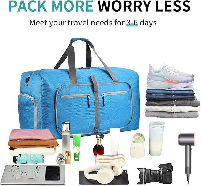 Dimayar Travel Duffle Bag for Men Women - Foldable Duffel Bag with Shoes Compartment - Overnight Bags Waterproof & Tear Resistant(115L,Light Blue)