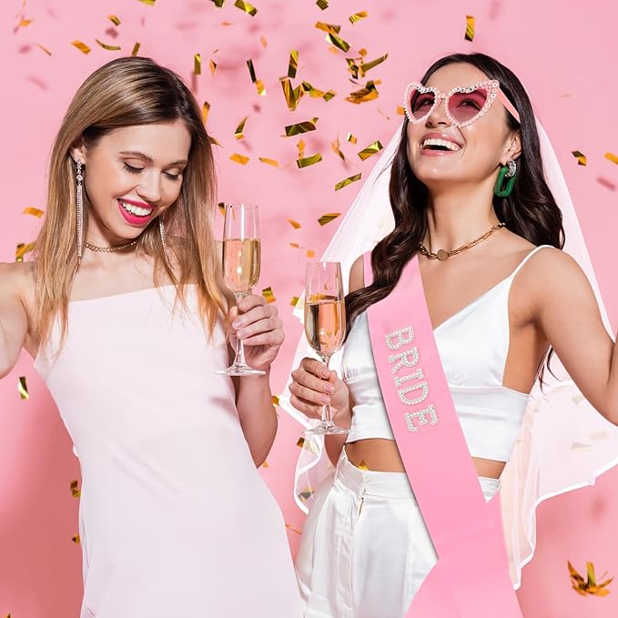 Bride to Be Set: Pearl-Trimmed Heart Sunglasses, Pearl BRIDE Sash & Tulle Veil - Bachelorette Party Bridal Accessories